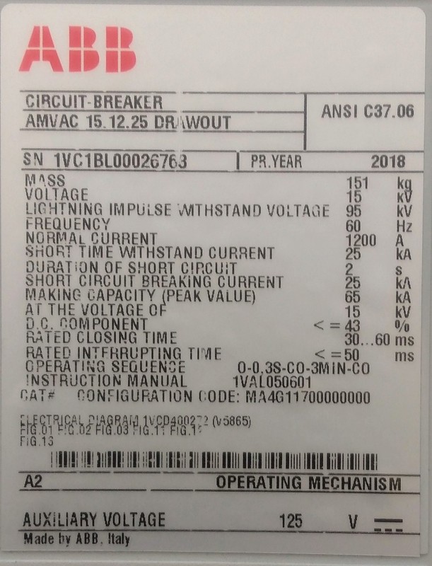 1200 Amps, ABB, AMVAC, 15.12.25, MA4G11700000000, 15 KV, 25 KA, unused - Image 3