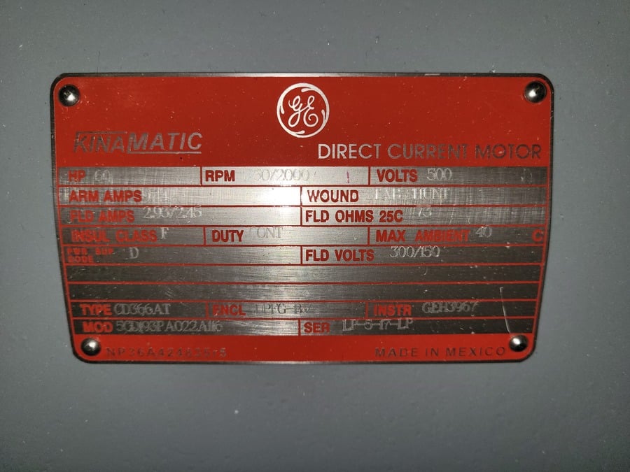 60 HP 1750/2000 RPM General Electric, Frame CD366AT, BB, DPFG-BV, new, 500VA, 150/300VF (2 available) - Image 1