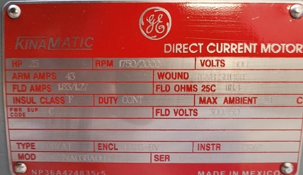 25 HP 1750/2300 RPM General Electric, Frame CD287AT, BB, DPFG-BV, new, 500VA, 150/300VF (2 available) - Image 1