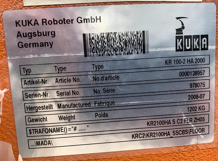 Kuka, KR-100-2 HA 2000, 6-Axis hi-accuracy robot, 100 Kg x 2600mm reach, 2008, #104162 - Image 2
