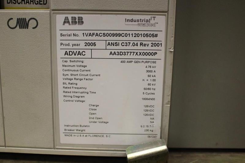 3000 Amps, ABB, ADVAC, 5 KV, 60 KA - Image 3