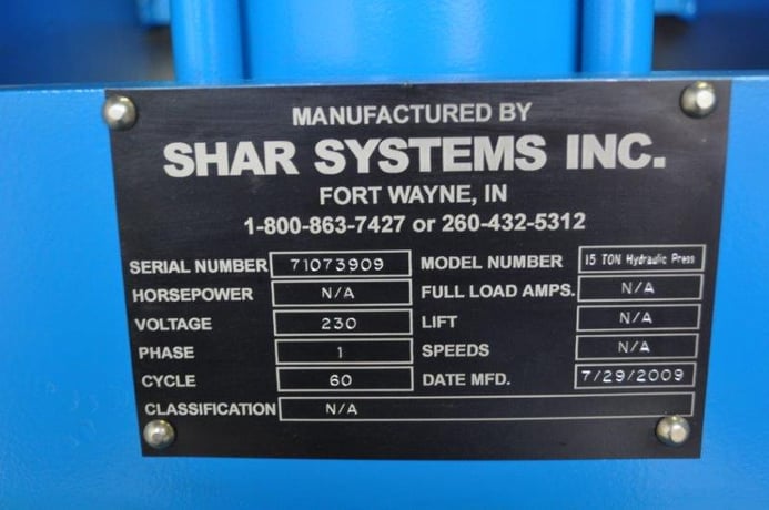 15 Ton, Stockmeir/Shar, 7" stroke, 9" daylight, 10-3/4" x 15-1/4" upper platen, 2009 - Image 9