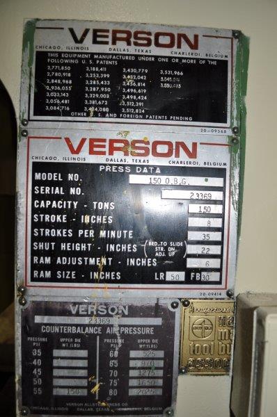 150 Ton, Verson #150-OBG, 8" stroke, 22" Shut Height, 6" adj, 35 SPM, air clutch & brake, air counterbalance - Image 9