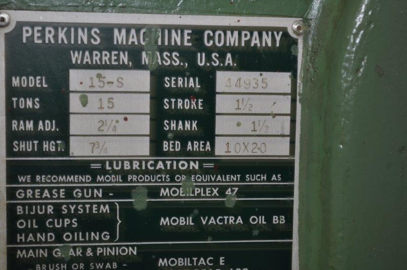 15 Ton, Perkins #15S, 1.5" stroke, 7.75" Shut Height, 20" x 10" bed, 100-300 SPM, air clutch & brake, 3 HP - Image 9