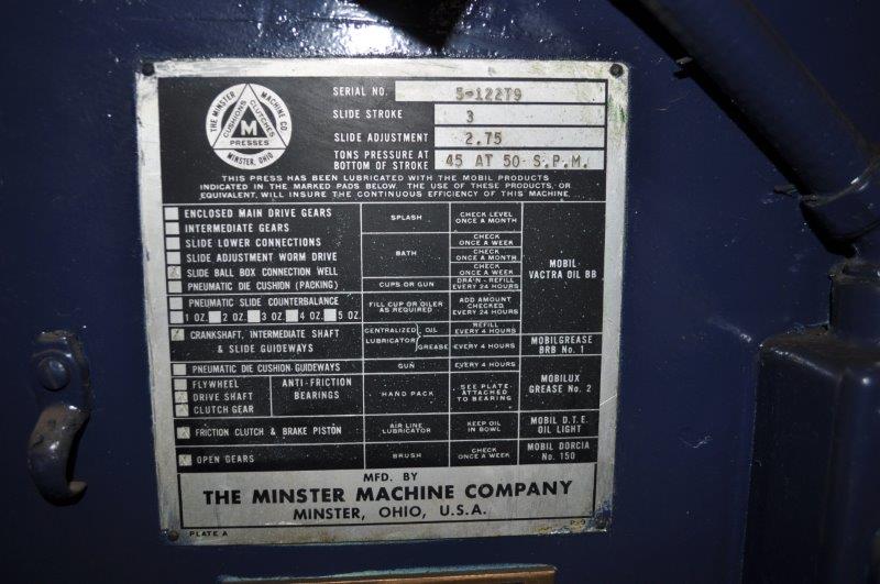 45 Ton, Minster #5, OBI back geared press, 3" stroke, 14.5" Shut Height, 50 SPM, air clutch & brake - Image 8