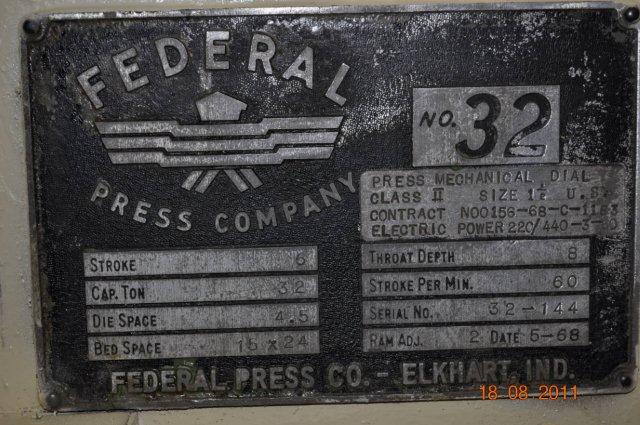 32 Ton, Federal #32, OBI press, 1.5" stroke, 10.25" Shut Height, air clutch & brake, 90-300 SPM, 1985 - Image 3