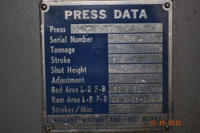 60 Ton, Niagara #M6, OBI press, 4" stroke, 13-1/4" Shut Height, air clutch & brake, 100 SPM - Image 6
