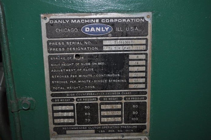 75 Ton, Danly #75, flywheel type OBI press, 8" stroke, 21" Shut Height, air clutch & brake, 40-80 SPM, 1975 - Image 7