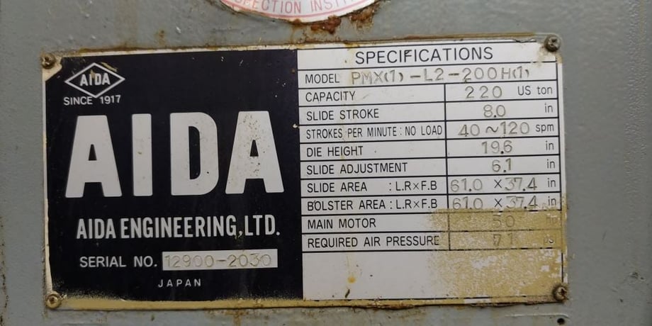 220 Ton, Aida #PMX-L2-200(1), straight side double crank Link Drive, 7.8" stroke, 18.7" Shut Height,air - Image 6