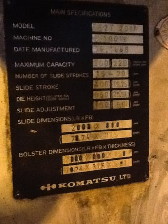 220 Ton, Komatsu #E2T-200N, straight side double crank press, 15.7" stroke, 25.5" Shut Height, air clutch & - Image 5