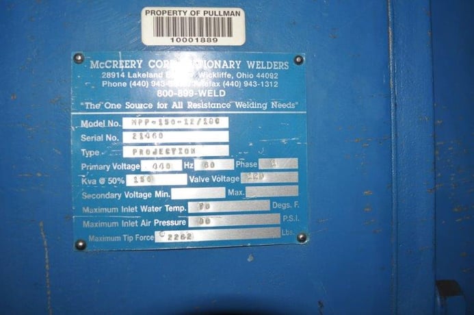 150 KVA McCreery #MPP-150-12/100, projection type, 12" throat,,adj height lower platten - Image 7