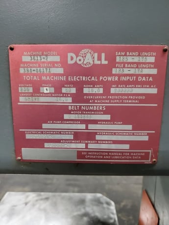 36" x 13" DoAll #3613-2, vertical band saw, 1" x 175" blade, 30" x24" tilt table, 2-5200 FPM, 3 HP, Extron - Image 6