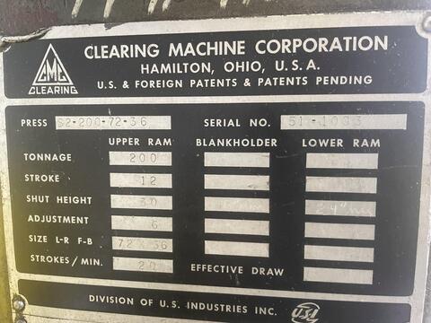 200 Ton, Clearing #S2-200-72-36, straight side double crank stamping press, 12" stroke, 30" Shut Height, 6" - Image 3
