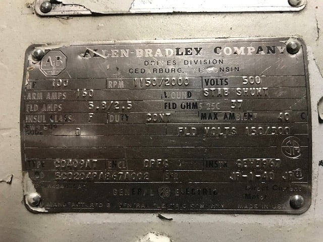 100 HP 1150/2000 RPM Allen-Bradley /GE, Frame CD409AT, DPFG, 500VA, 150/300VF - Image 2