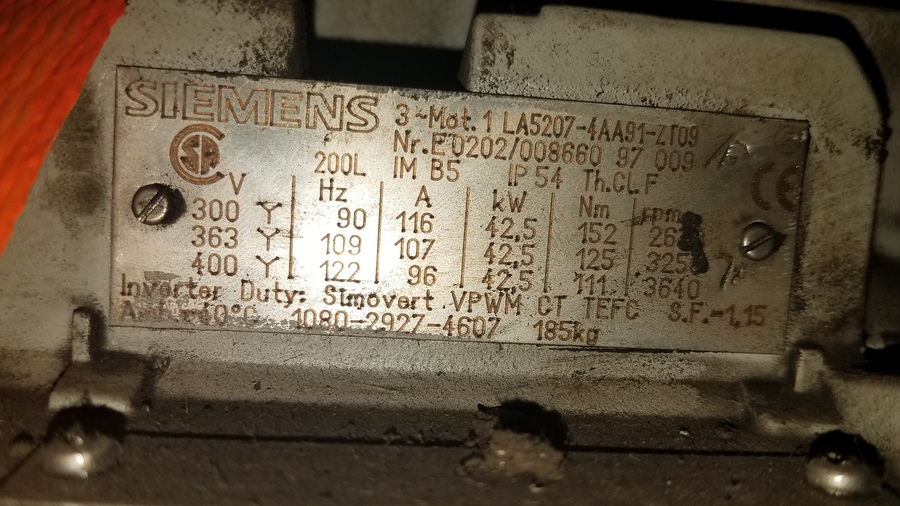 55 HP 3640 RPM Siemens, Frame 200L, variable speed drive, TEFC, 400 Volts (3 available) - Image 1