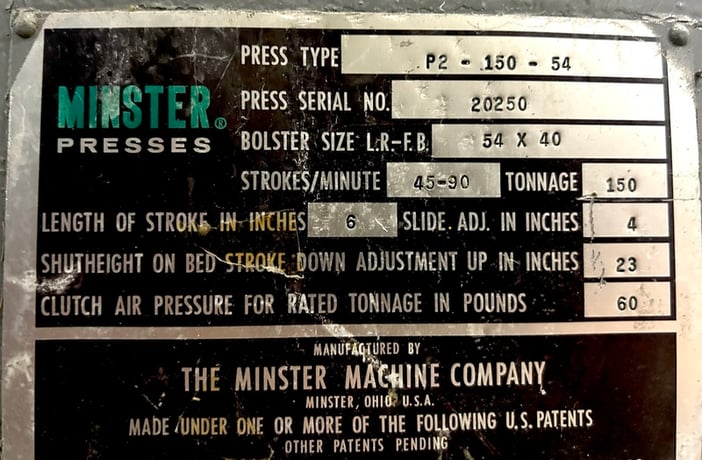 150 Ton, Minster #P2, 6" stroke, 23" Shut Height, 54" x40" bed, 45-90 SPM, cush in bed, (2 available) - Image 10