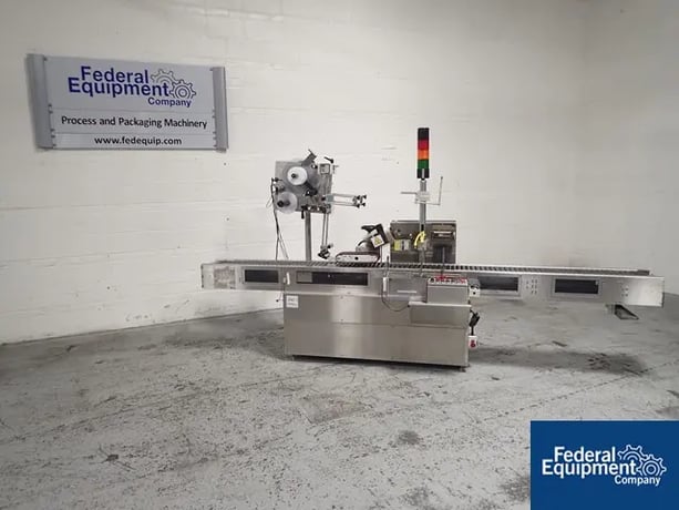 Avery #ALS-330R, Syringe Labeler, Stainless Steel, integrated 11" wide x 10' long roller conveyor, Allen - Image 1