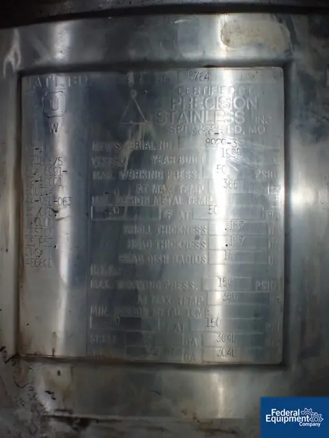 50 gallon Walker, Reactor, 316L Stainless Steel, 50/150 psi, 18" diameter x 42" straight side, removal dish - Image 2