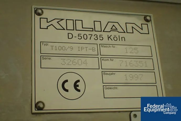 Kilian #T100, tablet press, 9 stations, B IPT turret, 60 Kn pre-compression, 65 Kn main compression, 16mm - Image 2