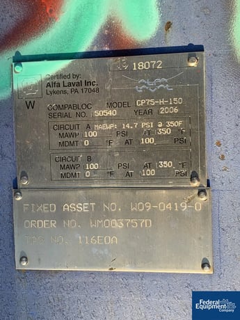 1033 sq.ft., 100 psi shell, 100 psi tube, Alfa-Laval #CP75-H-150, 316L Stainless Steel, 2006, #3465-1, 2006 - Image 2