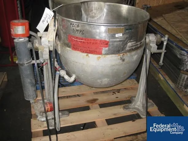 30 gallon Groen, Stainless Steel kettle, 24" dia., open top, jacketed, 75 psi, tilt discharge on stand - Image 1