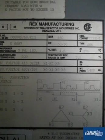 660 KVA 415 Delta Primary, 460Y/266 Secondary, Rex isolation transformer, 50/60 Hz, class 220, type 1, serial - Image 8