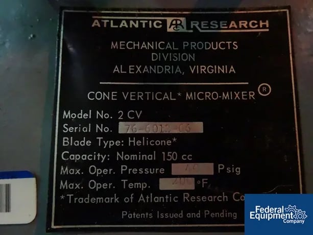 Atlantic Research Helicone #2CV, Stainless Steel Mixer, 15-150cc capacity, 1/2 HP mtr.dr, less mixing - Image 8