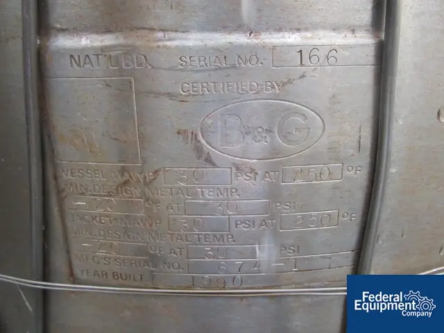20 gallon B & G reactor, Stainless Steel, 20" dia.x 20" str.side, flat bolt on top, dish btm, 30 psi @ - Image 3