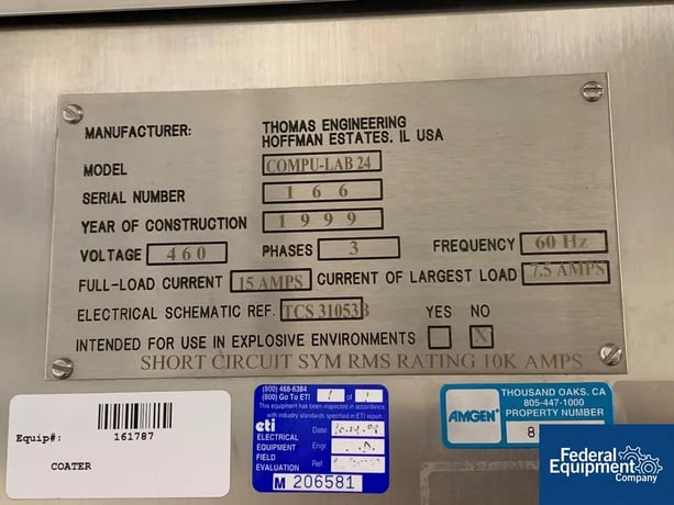 24" Thomas Compu-Lab, coating pan, Stainless Steel, 24" perforated pan, plenum, on board air make-up system - Image 2