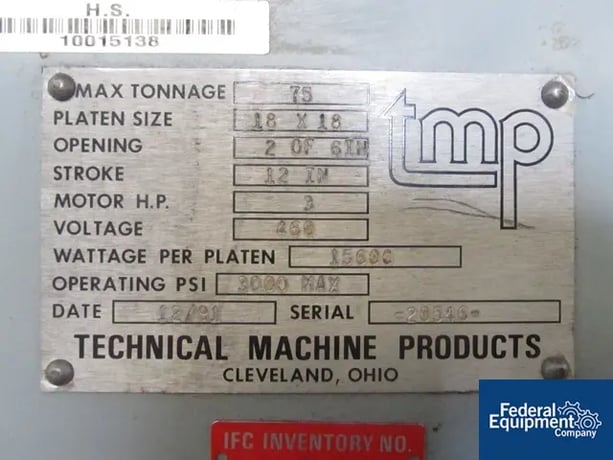 75 Ton, TMP, slab side hydraulic press, (4) 18" x 18" platen, (6) 6" daylight, electrically heated, 1991 - Image 2