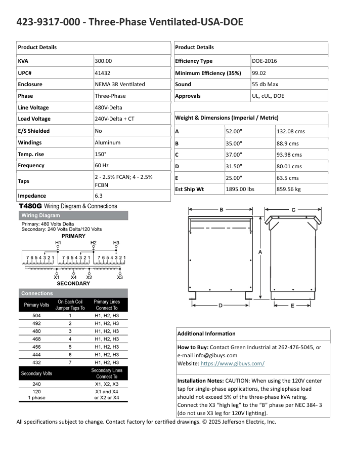 300 KVA 480 Delta Primary, 240 Delta Secondary, Jefferson Electric, CT120, dry type, new, free shipping - Image 9