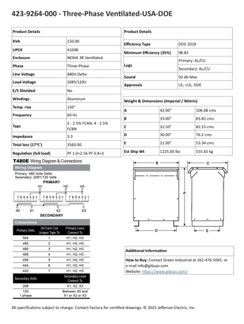 150 KVA 480 Delta Primary, 208Y/120 Secondary, Jefferson, dry, warranty, new, free shipping (10 available) - Image 9