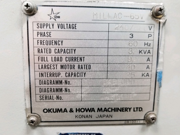 Okuma-Howa #Millac-65V, vertical machining center, 30 automatic tool changer, 78" X, 25" Y, 22" Z, 3600 RPM - Image 6