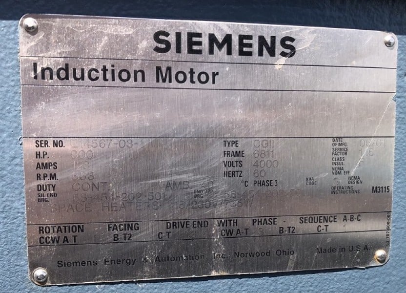 900 HP 900 RPM Siemens, Frame 6811, weather protected enclosure type 2, SB, 1.15 service factor, new surp - Image 1