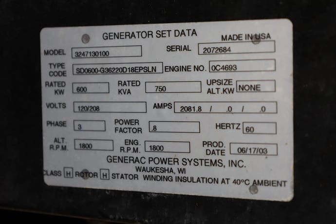 600 KW Generac, diesel generator, weatherproof enclosure, 300 hours, 2003, #88593 - Image 6