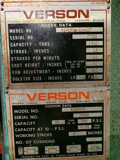 1500 Ton, Verson #S1-1500-60-60T, single point stamping press, 18" stroke, 42" Shut Height, 14 SPM - Image 5
