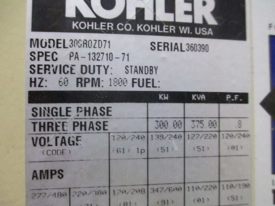 300 KW Kohler #80637416, 480 Volts, 1800 RPM, s/n 360390 - Image 10