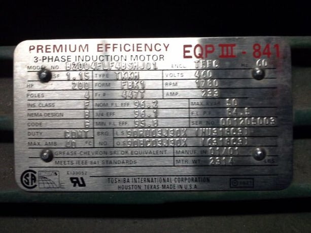 200 HP 1780 RPM Toshiba, Frame 447T, TEFC, 1.15SF, new surplus, 460 Volts - Image 2