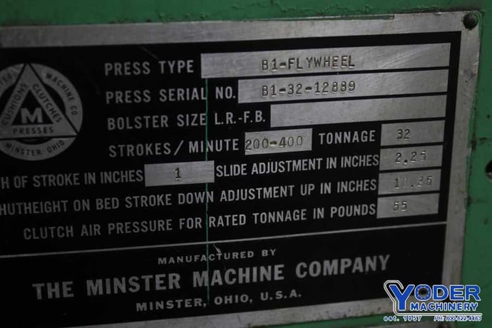 32 Ton, Minster #B1-32, gap press, 1" stroke, 10-1/4" Shut Height, 24" x15" bed, 5 HP, air clutch, #74064 - Image 3