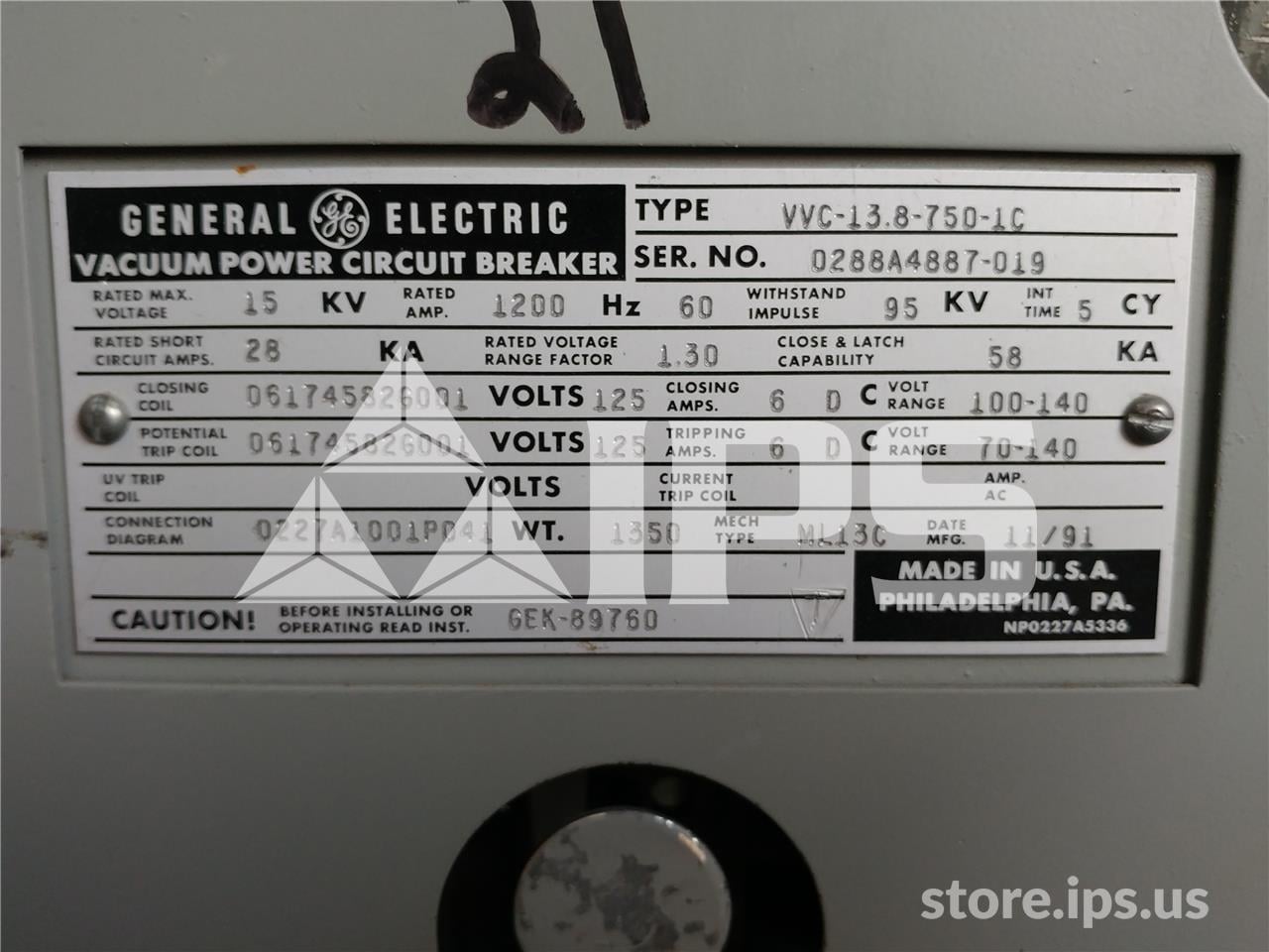 1200 Amps GE Vvc 13.8-750-1c Ml-13c (vvc 13.8-750) 125 Volts DC Control, 28k Amps Sc, Bottle# 186l0739p41 - Image 4
