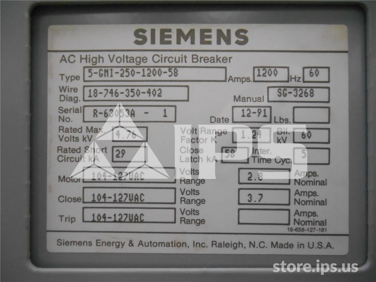 1200 Amps Sa 5-gmi-250 (5gmi 250) 120 Volts AC Control, 29k Amps Sc, Bottle# Vs12015 - Image 2