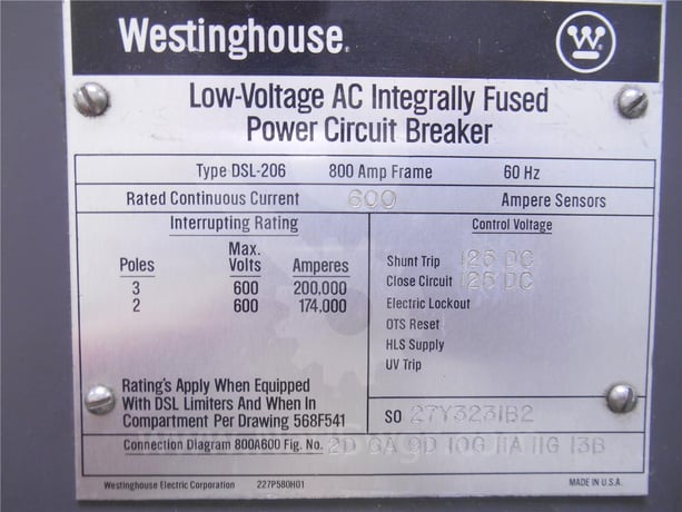 800 Amps WH Dsl-206 Eo/do 125 Volts DC Control, Amptector I Lig, 600 Amps Ct, 1200 Amps Fuse - Image 4