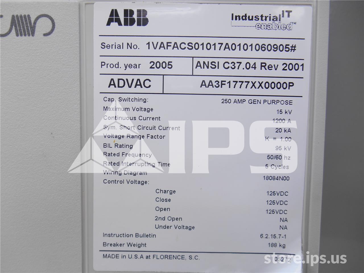 1200 Amps ABB Advac Aa3f1777xx0000p Model 3 (advac Model 3) 125 Volts DC Control, 20k Amps Sc - Image 2