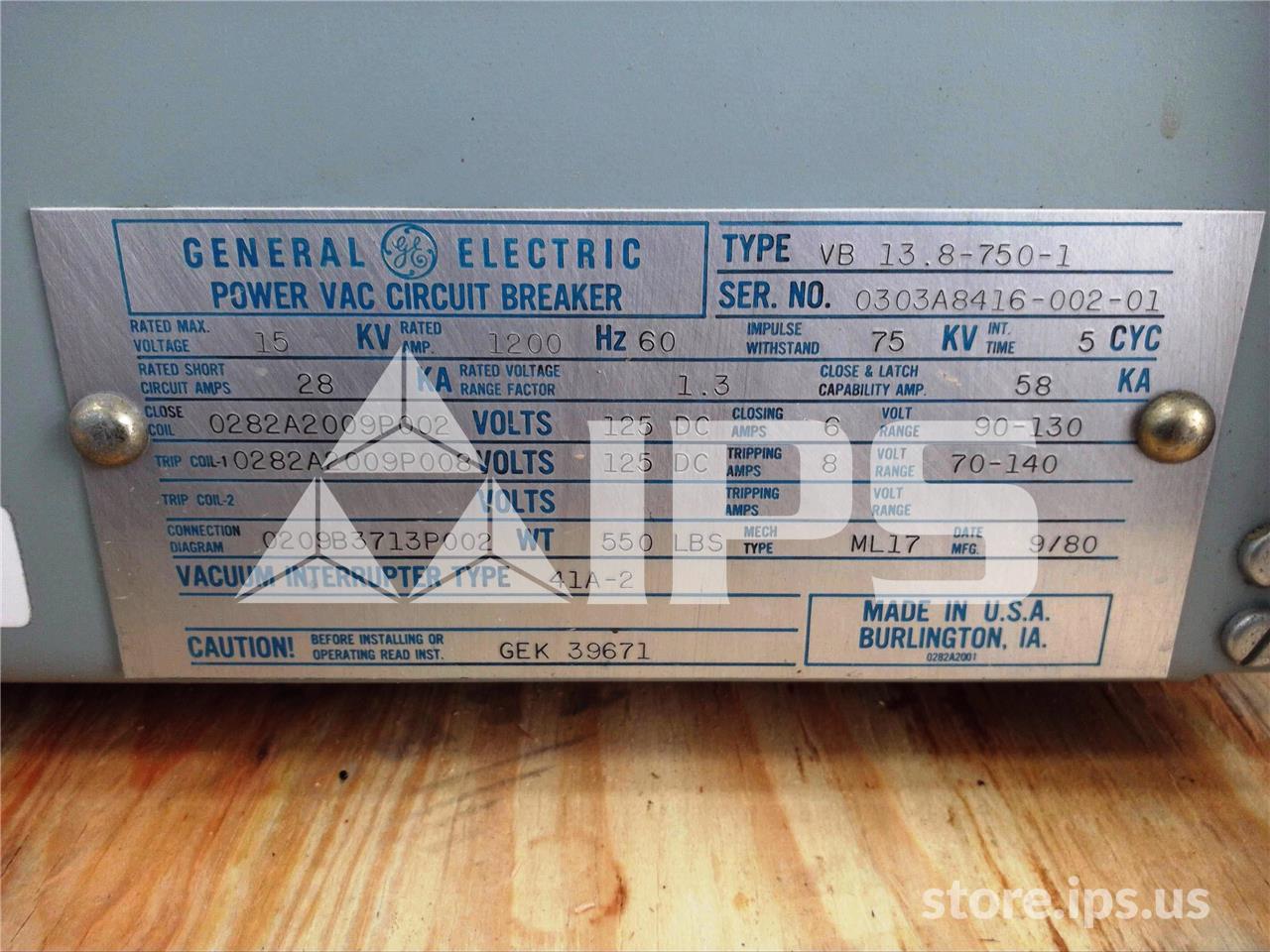 1200 Amps GE Vb 13.8-750-1 Ml-17 (vb 13.8-750) 125 Volts DC Control, 28k Amps Sc, Bottle# 41a2 - Image 4