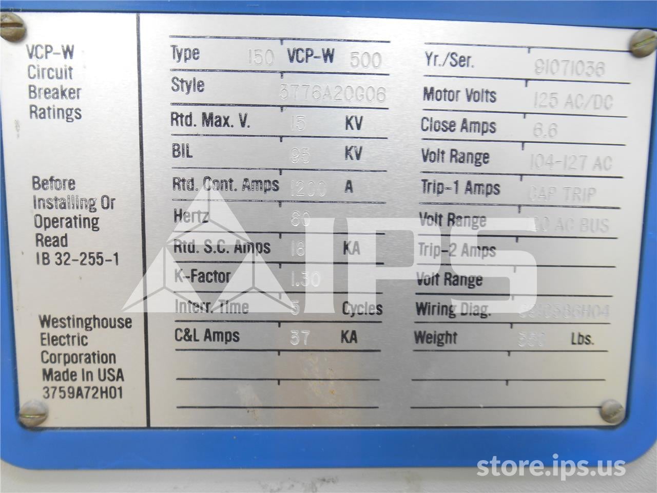 1200 Amps WH 150vcp-w 500 (150vcp-w 500) 120 Volts AC Control, 125 Volts DC Trip, 18k Amps Sc, Bottle# - Image 3