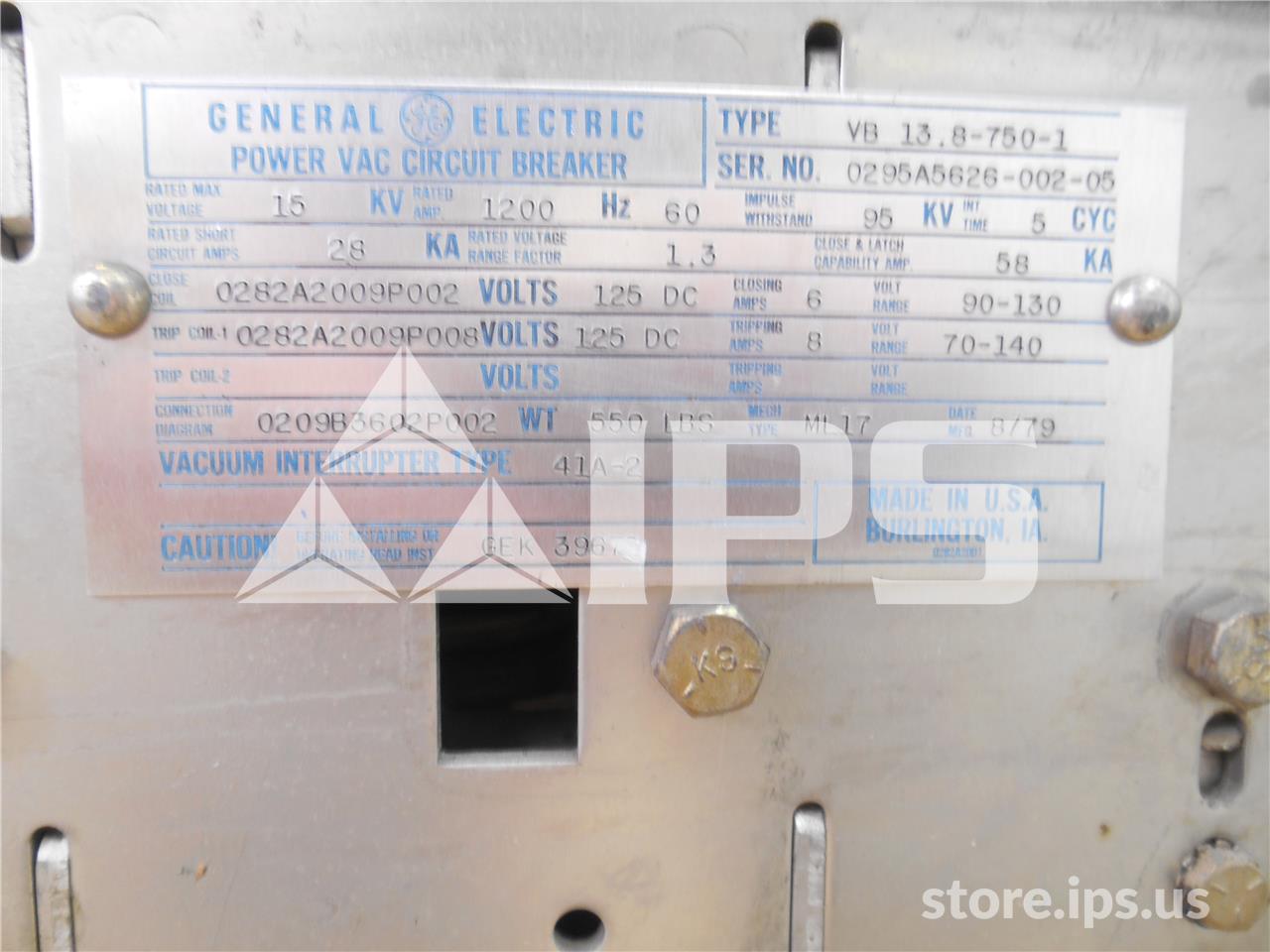 1200 Amps GE Vb 13.8-750-1 Ml-17 (vb 13.8-750) 125 Volts DC Control, 28k Amps Sc, Bottle# 41a2 - Image 2