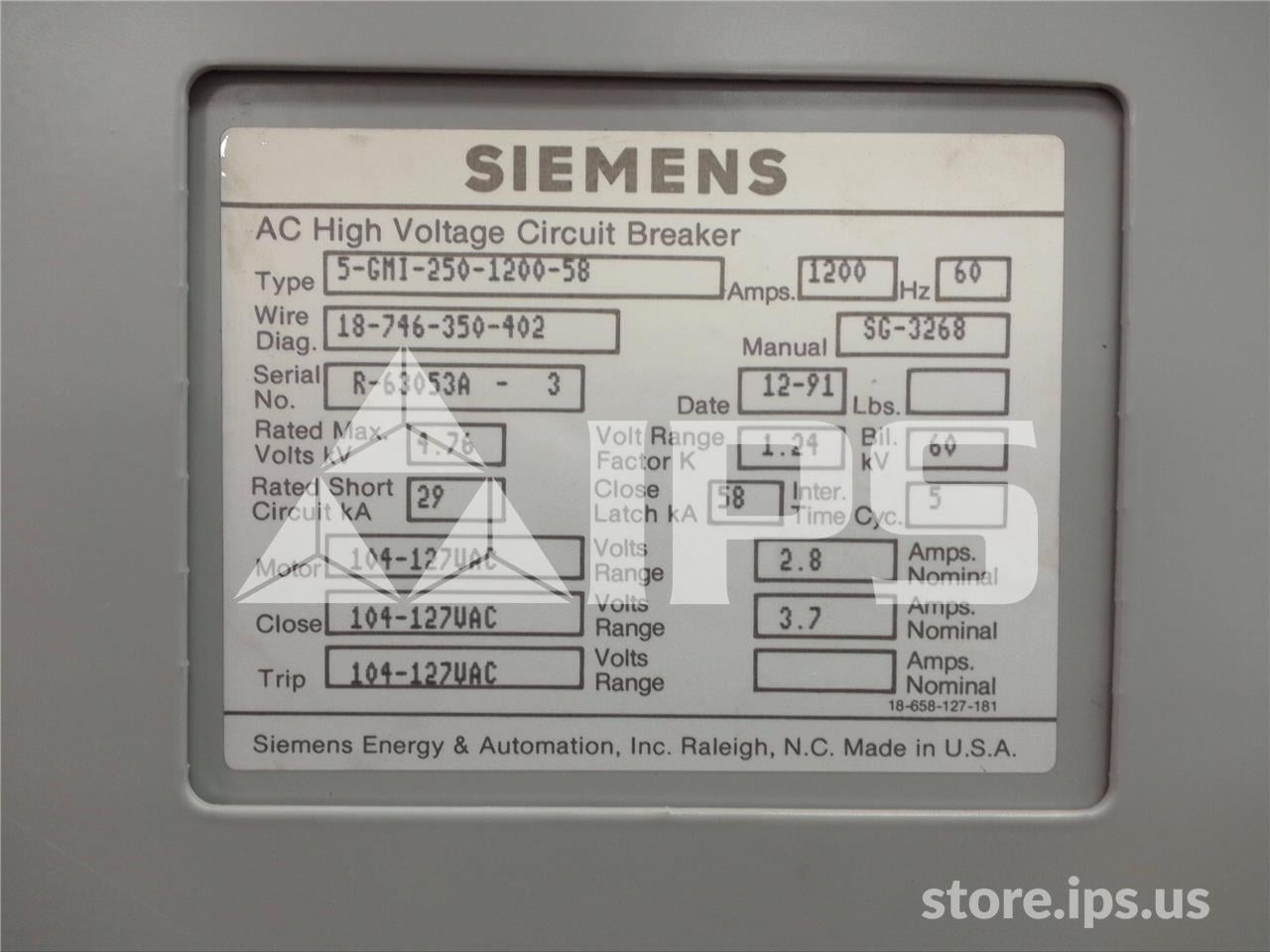 1200 Amps Sa 5-gmi-250 (5gmi 250) 120 Volts AC Control, 29k Amps Sc, Bottle# Vs12015 - Image 5