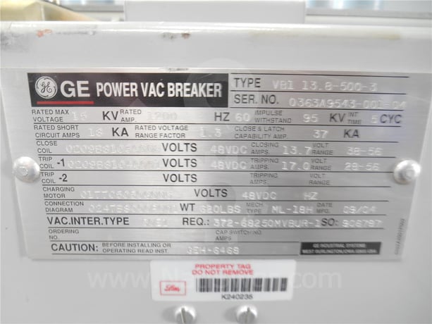 1200 Amps GE Vb1 13.8-500-3 Ml-18h Vertical Lift Unused Surplus (vb1 13.8-500) 48 Volts DC Control, 18k Amps - Image 2
