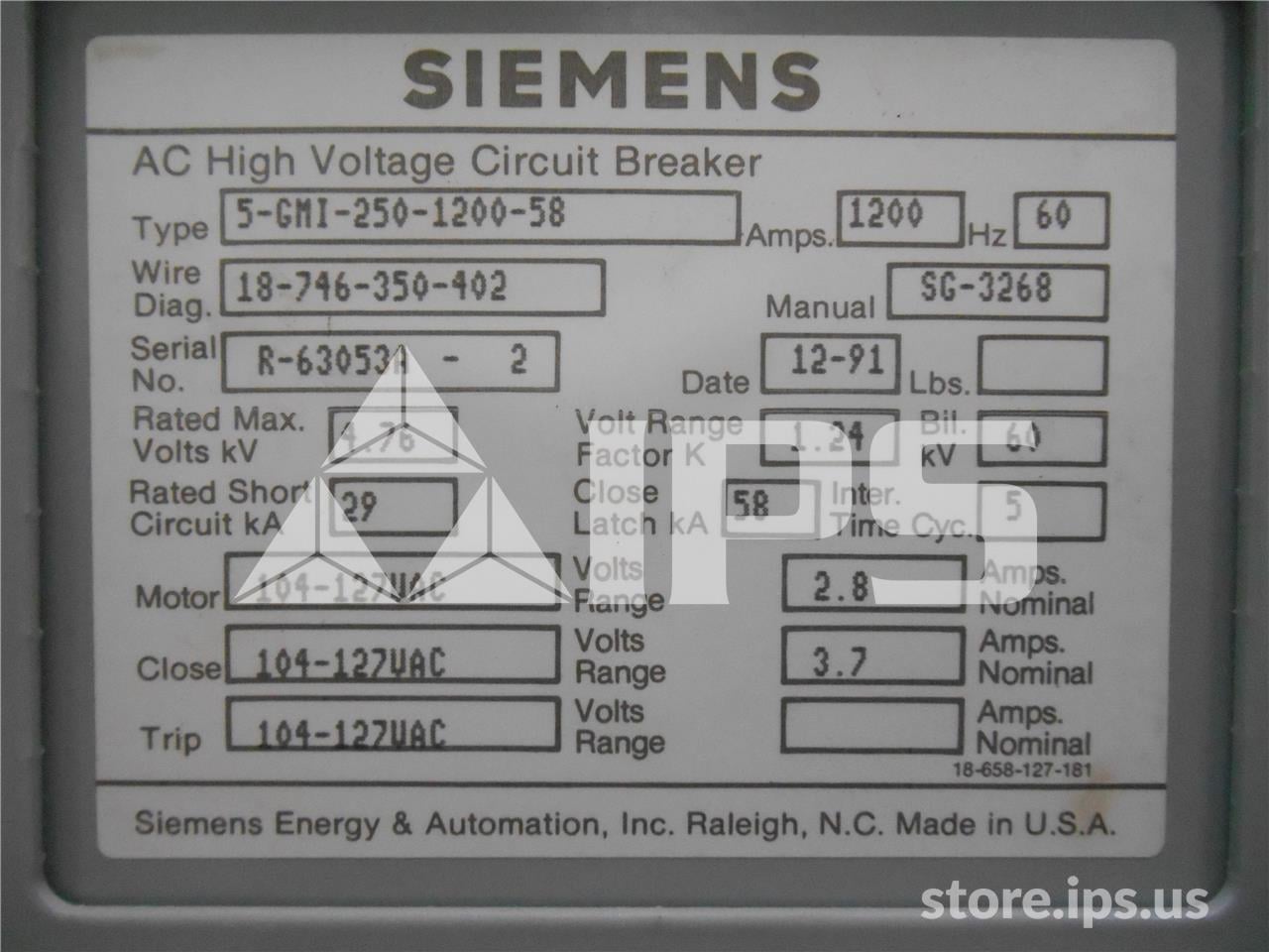 1200 Amps Sa 5-gmi-250 (5gmi 250) 120 Volts AC Control, 29k Amps Sc, Bottle# Vs12015 - Image 3
