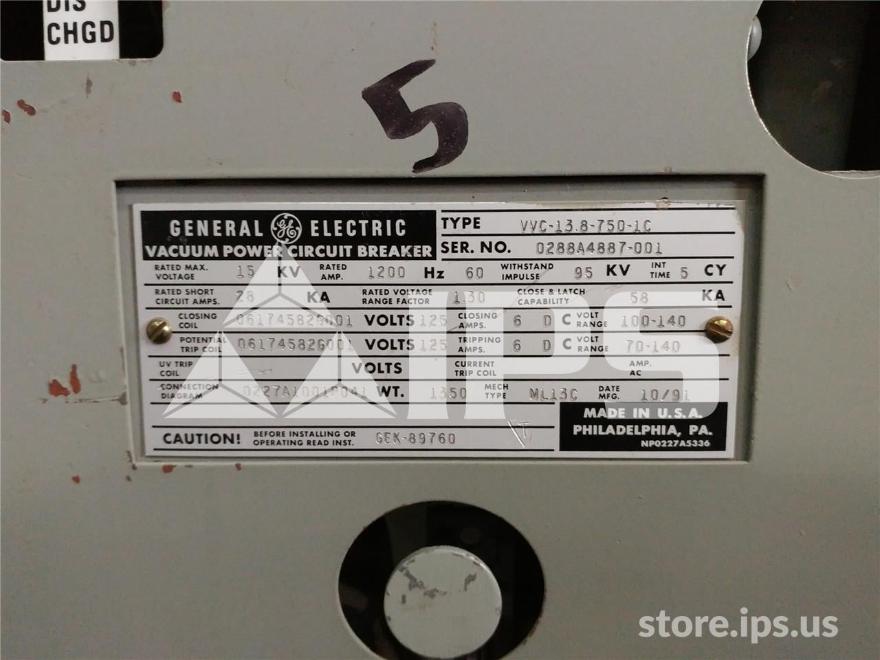 1200 Amps GE Vvc 13.8-750-1c Ml-13c (vvc 13.8-750) 125 Volts DC Control, 28k Amps Sc, Bottle# 186l0739p41 - Image 4